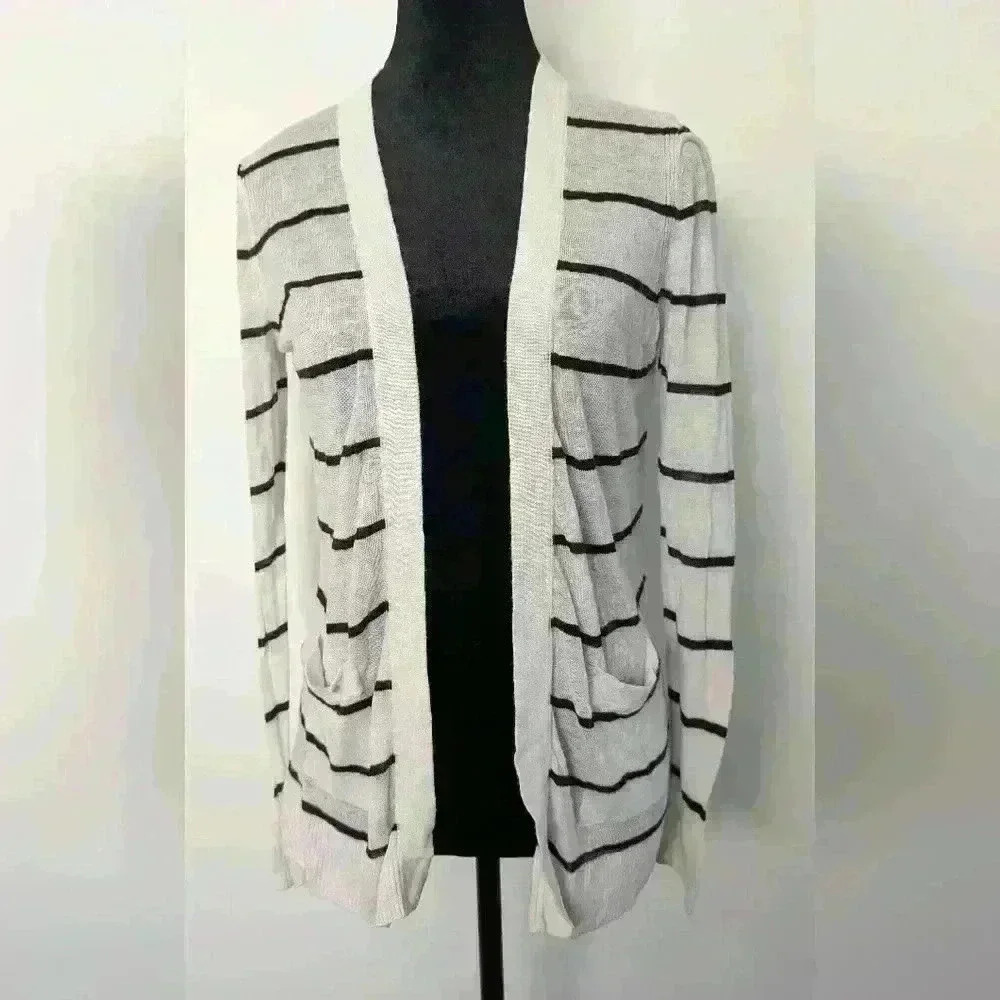 Black and White Striped Cardigan Open Front Loft - Picture 5 of 5